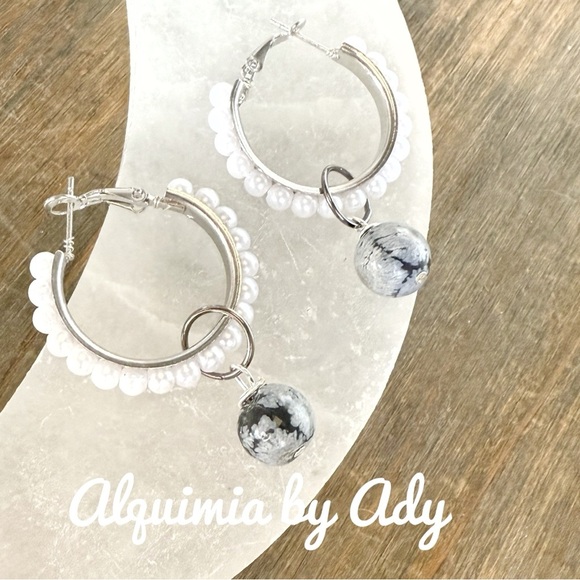 Pearls obsidian silver hoops - Picture 1 of 1